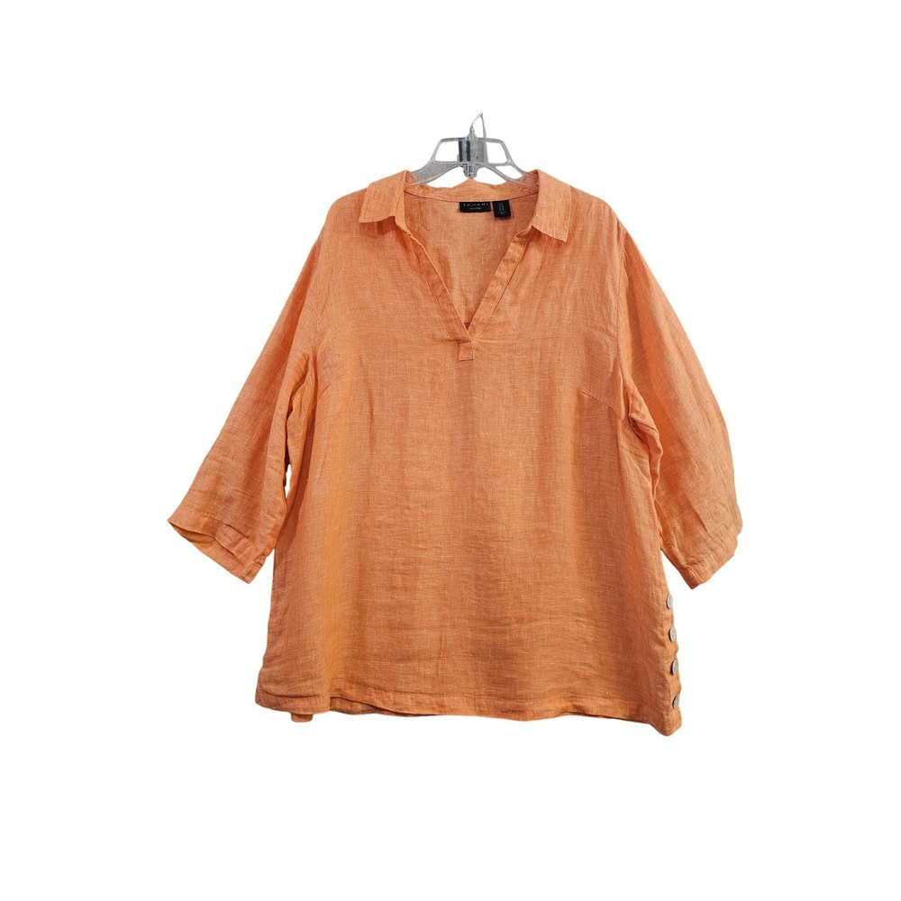 Tahari Linen Tunic Women 1X Orange Solid V-Neck 3/4 Sleeve Side Button Blouse